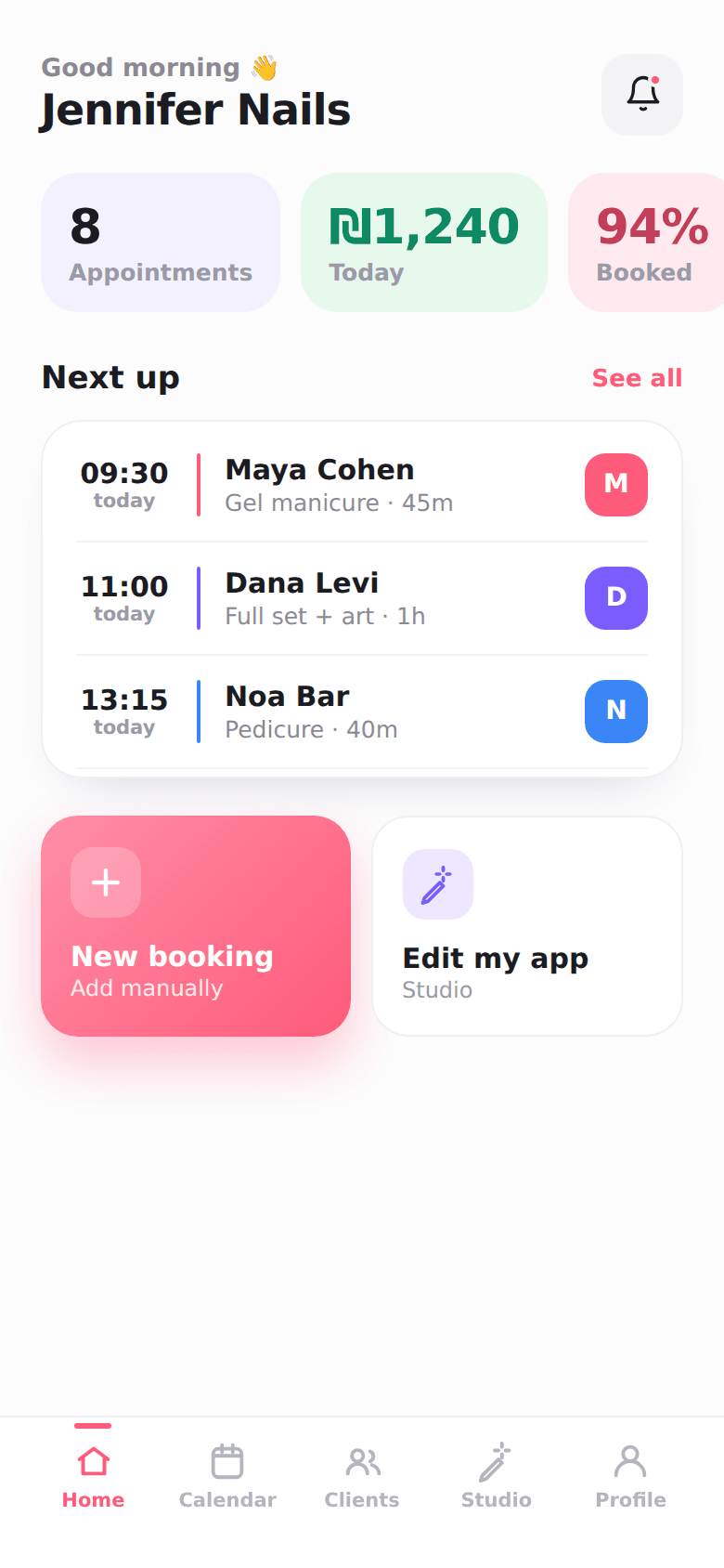 The Nowly owner dashboard showing today's bookings