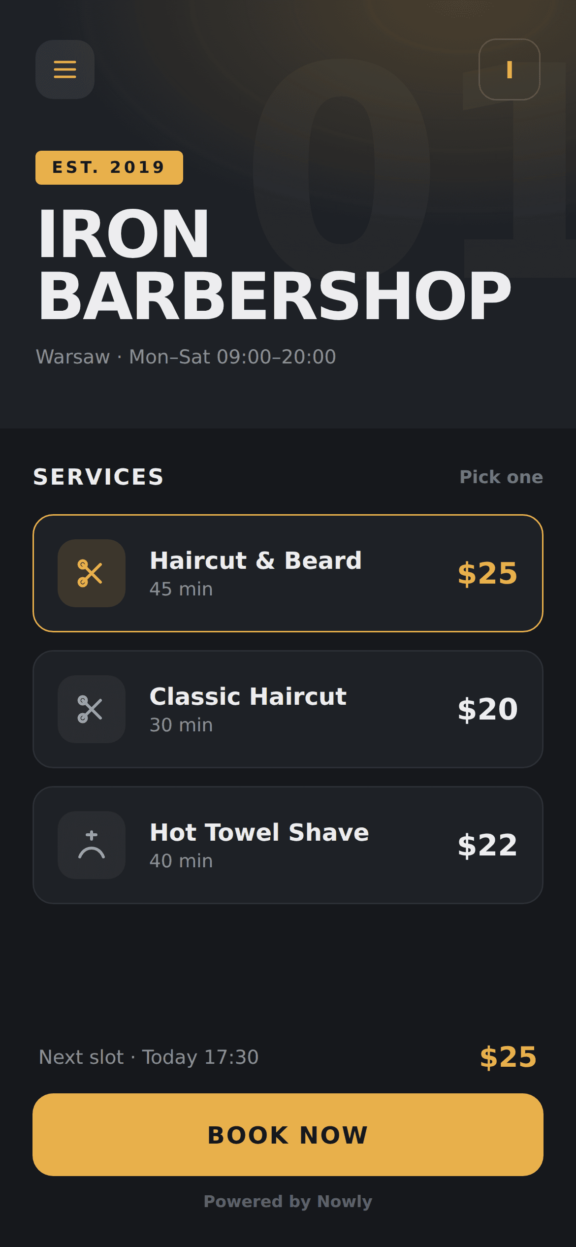 A finished, branded booking app for a barbershop
